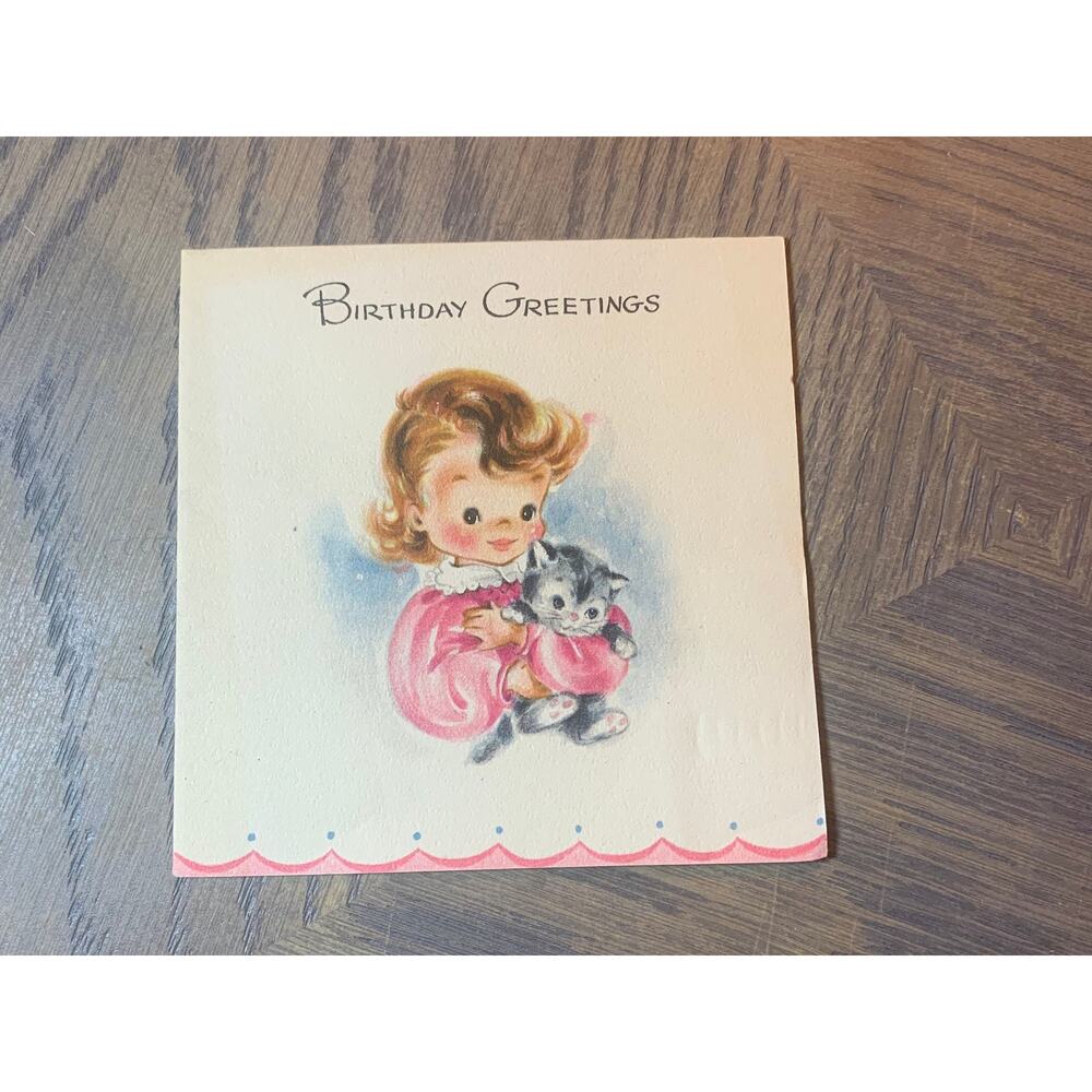Birthday Greetings, Cute Girl Holding a Kitten, 1950s Vintage Greeting Card,